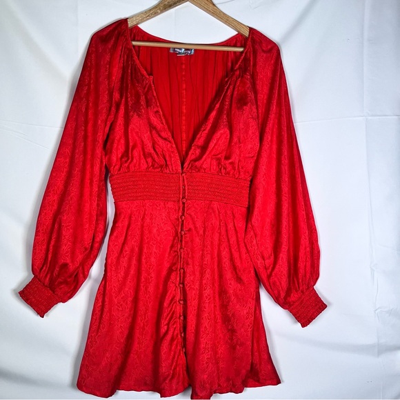 Urban Outfitters Red Satin Jacquard Mini Dress Puff Sleeve Button Front Party M - Picture 1 of 6